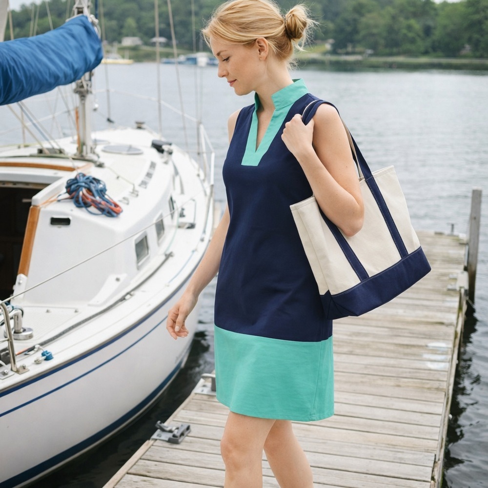 Sail to Sable Navy & Green Shift Dress Medium Cotton Stretch Sleeveless Preppy